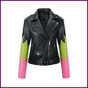 Faux Leather Motorcycle Jacket with Belt and Zipper Cuffs